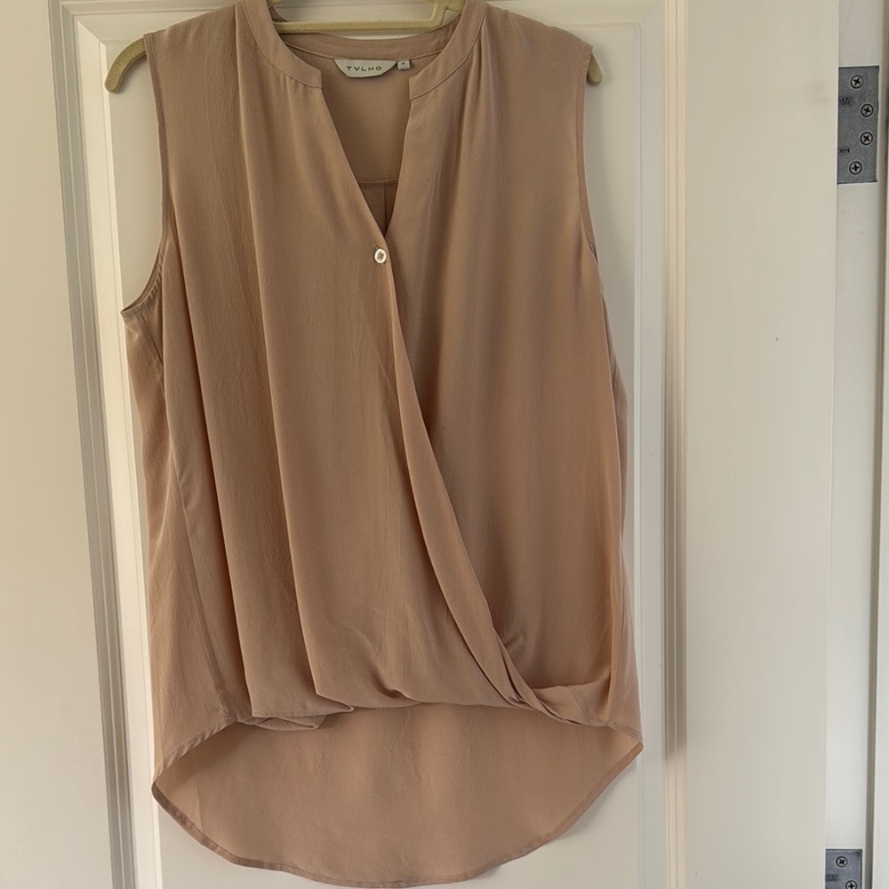 Tan Wrap Blouse with Sleeveless Design and Mandarin Collar